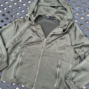 Zara Olive Green Women’s Shiny Hoodie Jacket